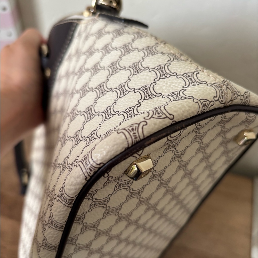 Celine Coated Canvas Macadam Dome Bag Cream and Dark Brown Bag with Gold Accents - Picture 12 of 14